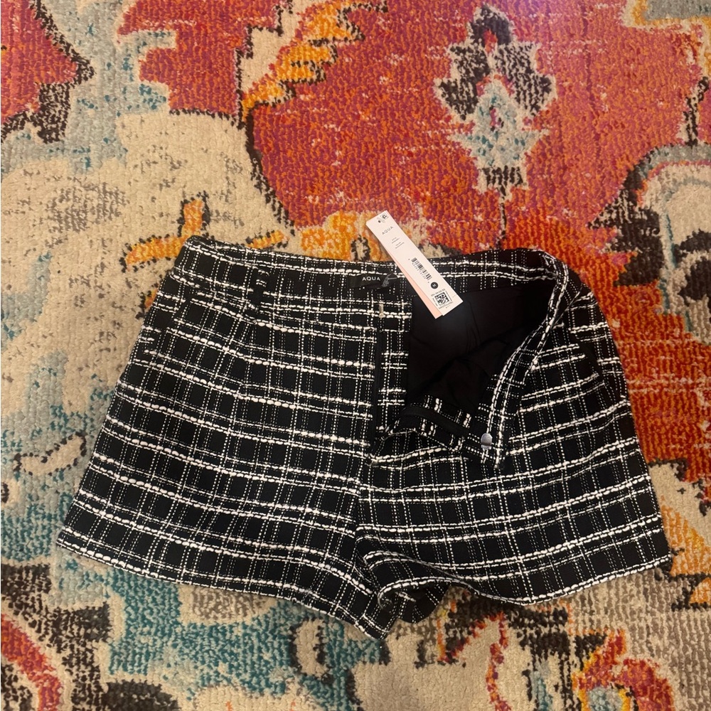 Aqua Black and White Checkered High Waist Shorts
